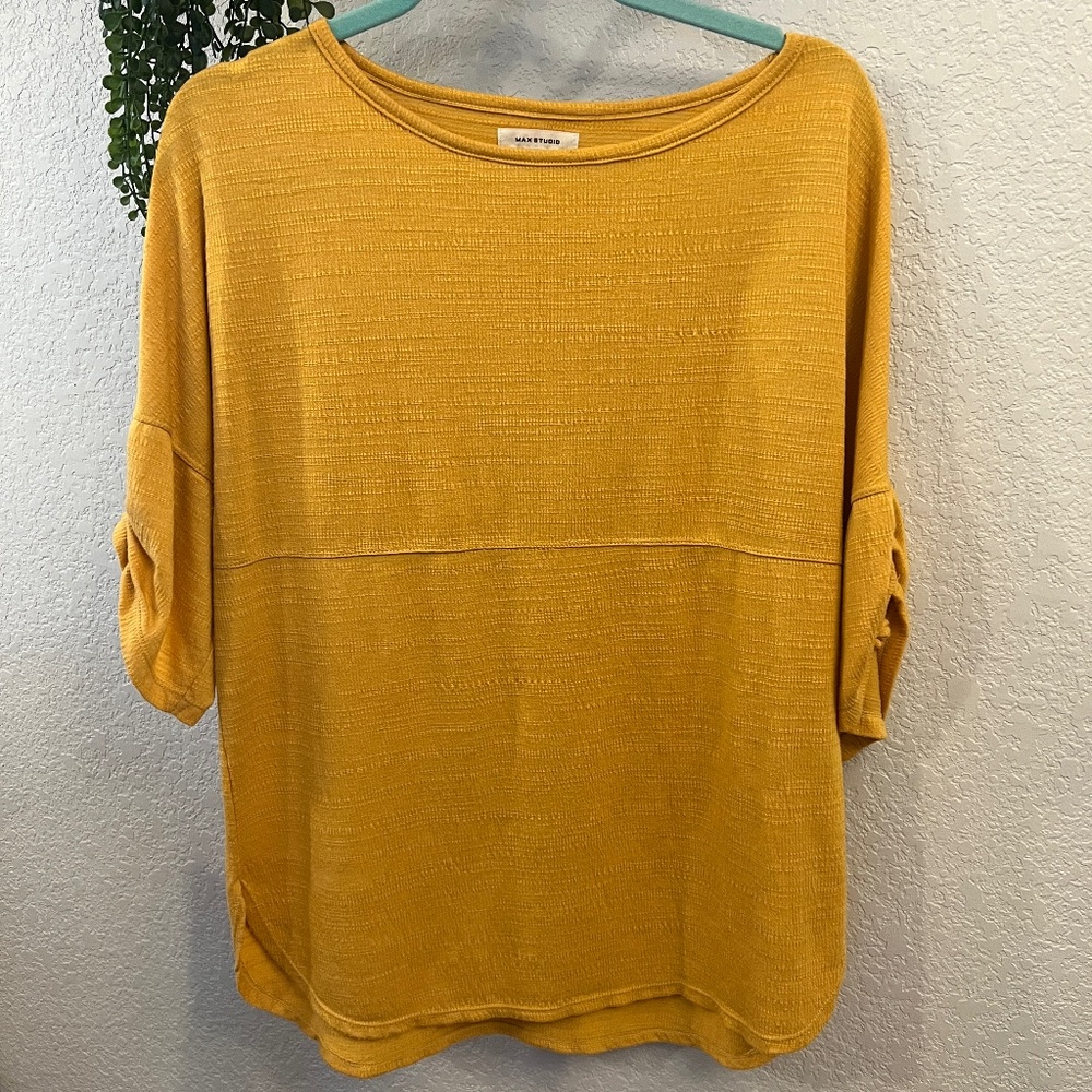 Max Studio Women's Ruched Sleeve Knit Top Mustard Yellow Sz. Small